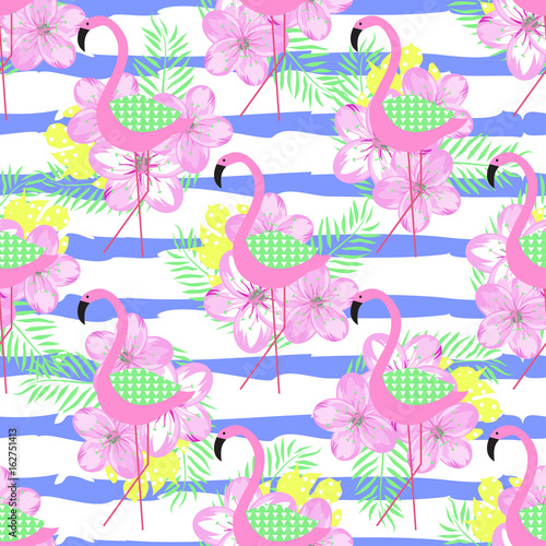 Tropical seamless pattern with pink flamingo  flowers and palm leaves. Vector illustration.
