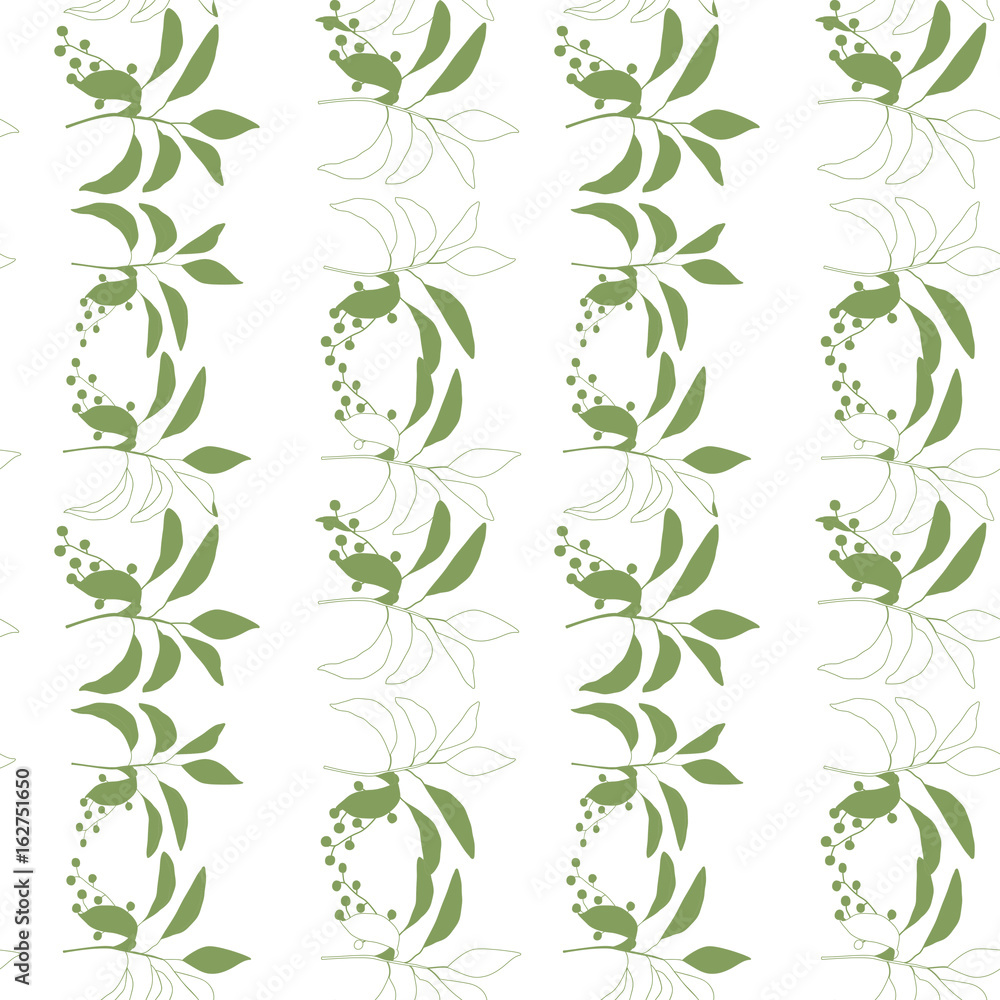 Vector  botanical seamless pattern with  simple hand drawn twigs with leaves and berries.