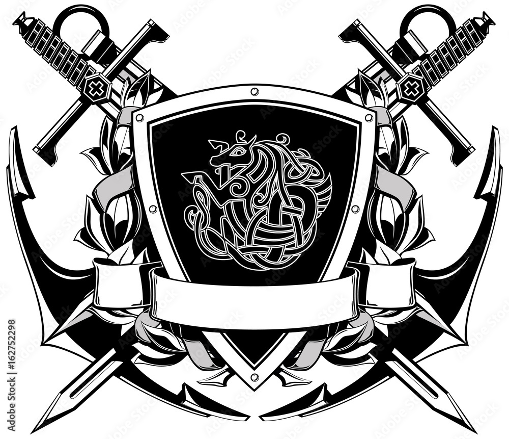 The black white coat of arms with swords and anchor Stock Vector