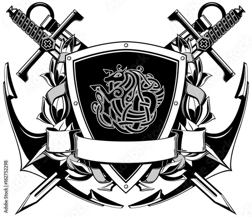 The black white coat of arms with swords and anchor