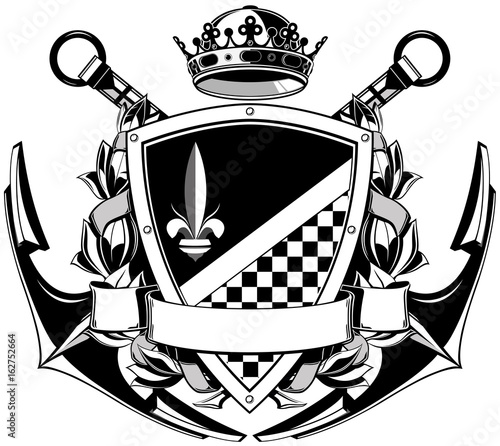 The black white coat of arms with anchors, crown and shield with pattern