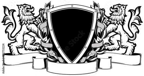 The black white coat of arms with lions, ribbon and shield  with wreath