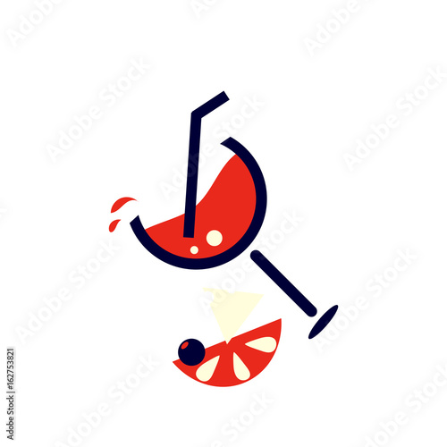 Summer cocktail flat icon. Coctail glass with a tube and a slice of fruit. Made in minimalistic geometric style.