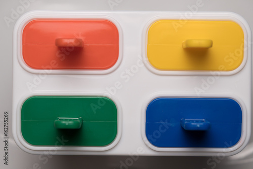 Top view closeup of ice cream lolly maker form with colorful sticks over white background