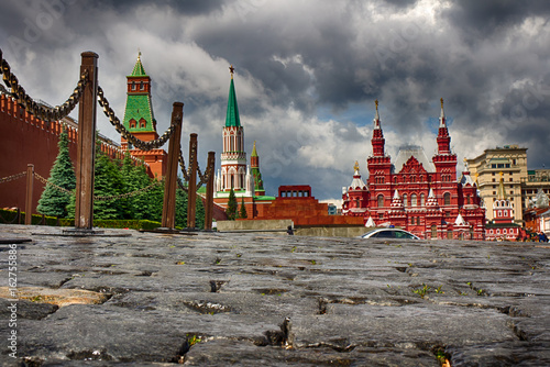 The cobblestones of red square, Moscow. Mausoleum, history Museum.