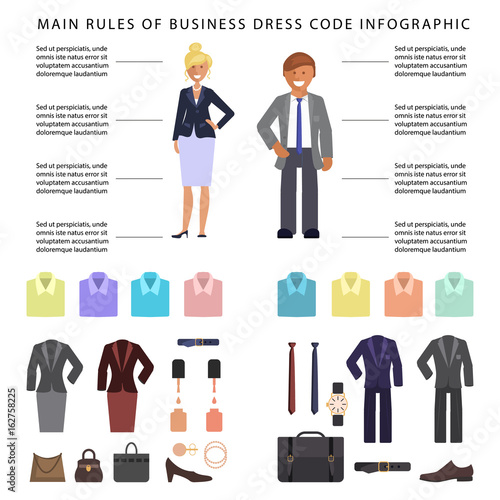 Business dress code infographics. People in formal clothes and shoes. Official suits for Man and woman isolated on white background. Vector illustration eps 10
