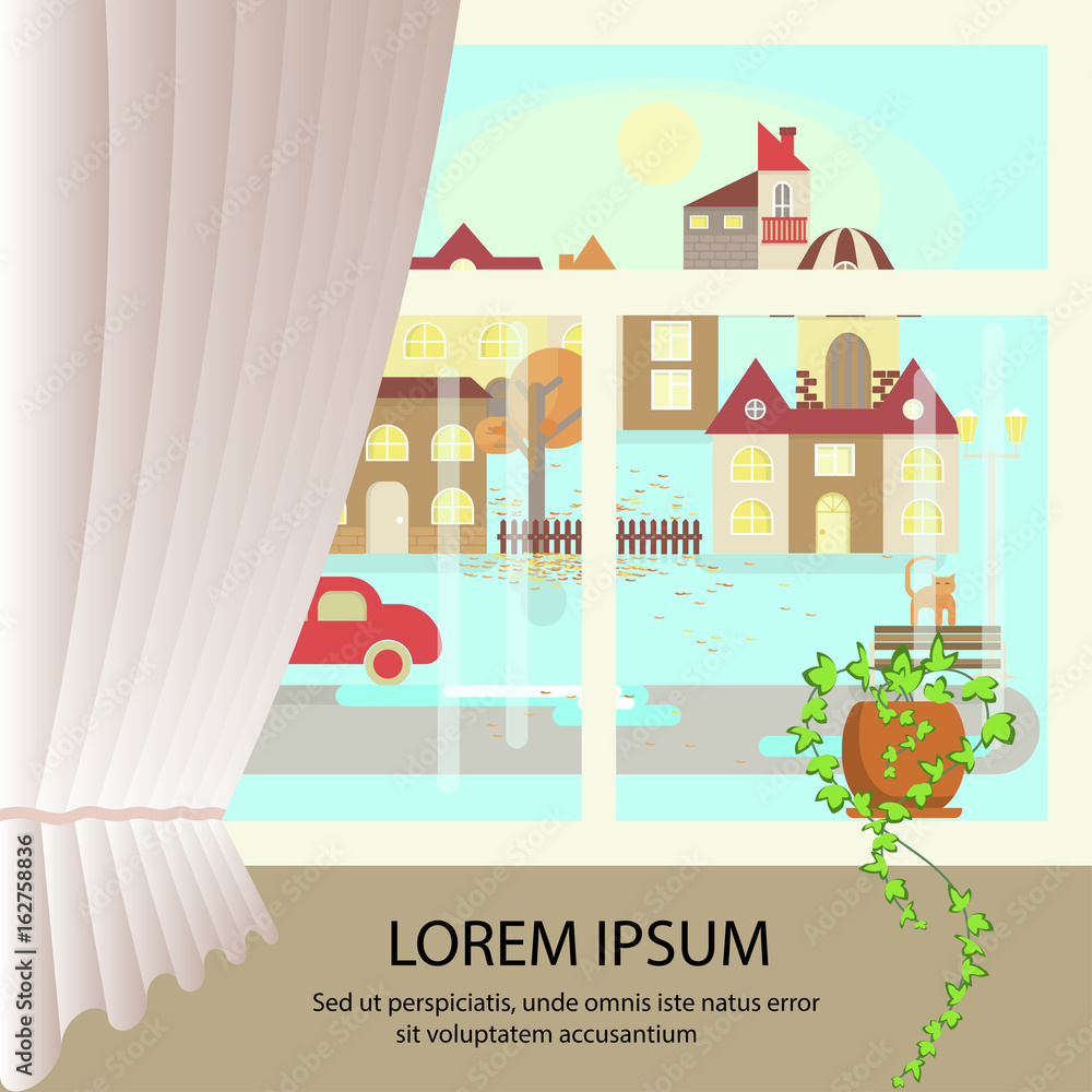 Autumn colorful landscape banner. Window view of sunny weather. Small town landscape in flat style. Vector illustration eps 10