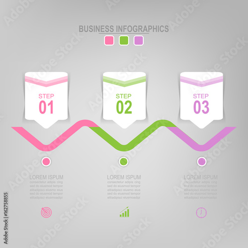 Infographic template of three steps on squares, tag banner, work sheet, flat design of business icon, vector
