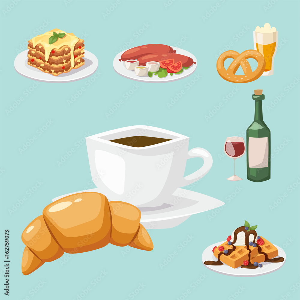 European tasty food cuisine dinner food showing delicious elements flat vector illustration. European tasty food cuisine dinner food showing delicious elements flat vector illustration.