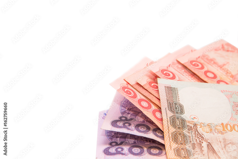 Thai banknotes and coin for saving on white background Thai banknotes and coin for saving on white background