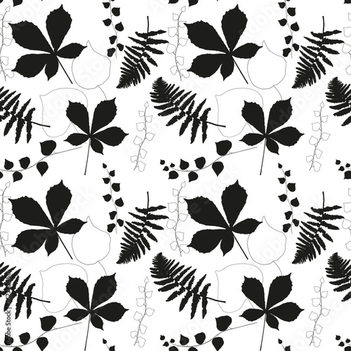 Vector floral seamless pattern with  chestnut tree , ivy and fern leaves outl...