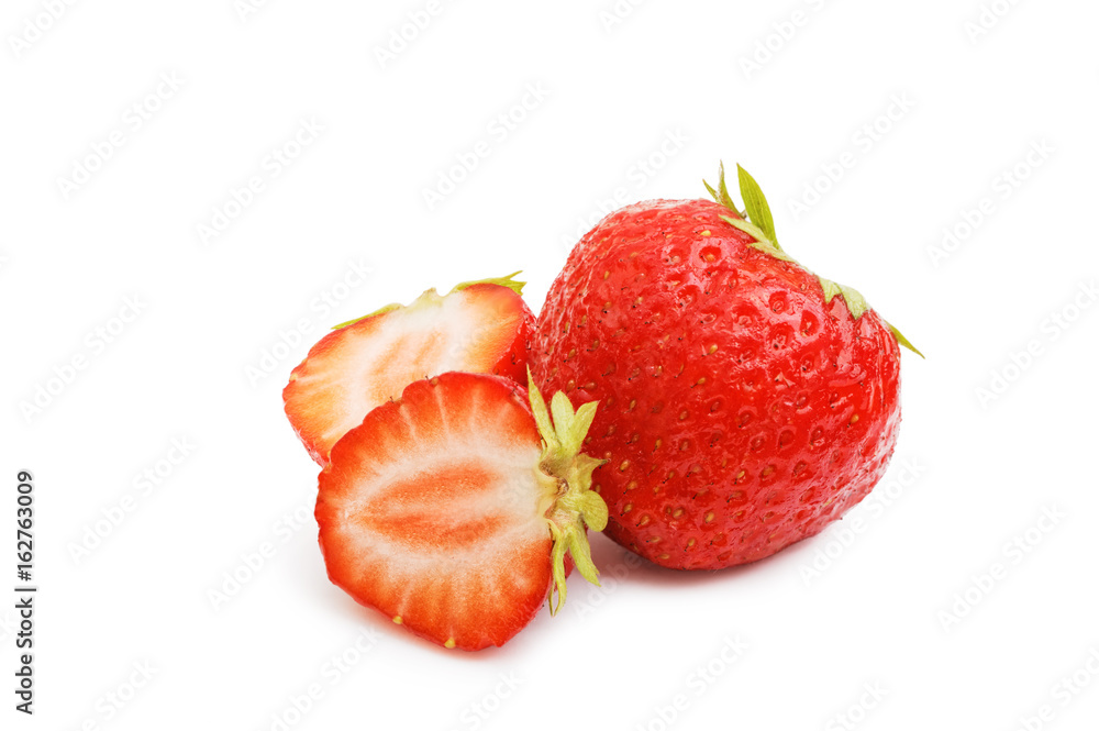 Wet red ripe strawberries, whole and sliced halves isolated on white. Wet red ripe strawberries, whole and sliced halves isolated on white.