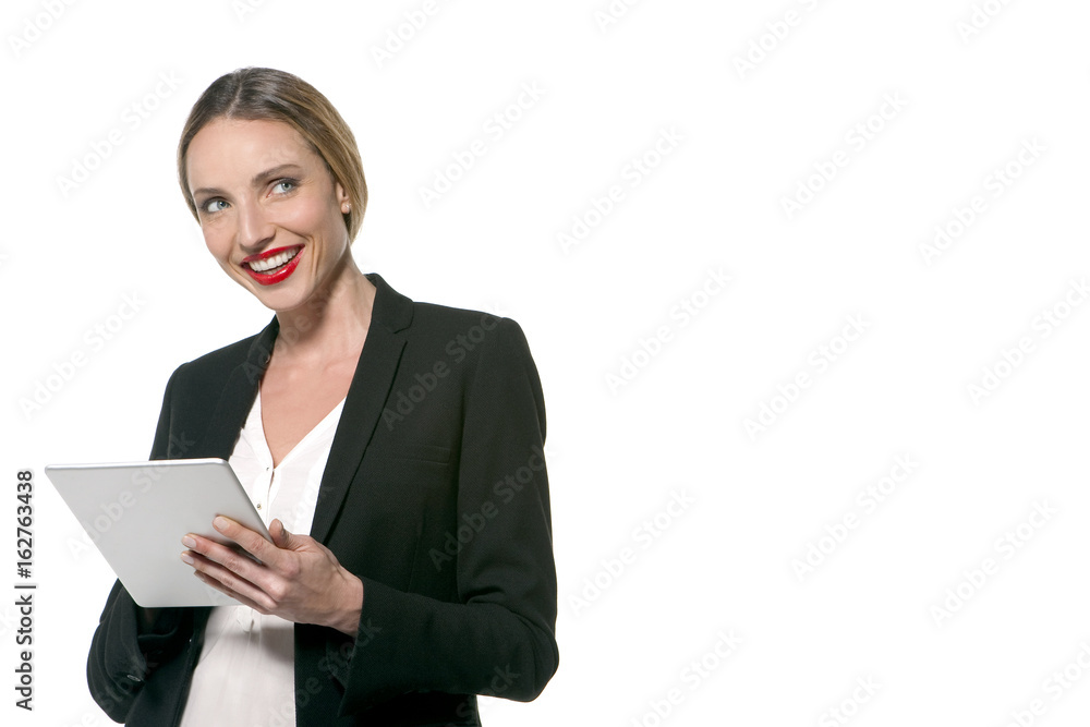 Young business woman holding a tablet and looking up - isolated on white Young business woman holding a tablet and looking up - isolated on white