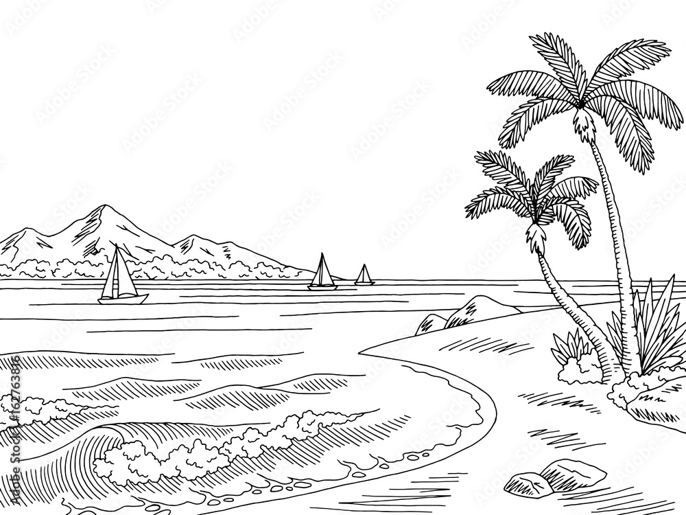 Fototapeta premium Sea bay graphic black white landscape sketch illustration vector