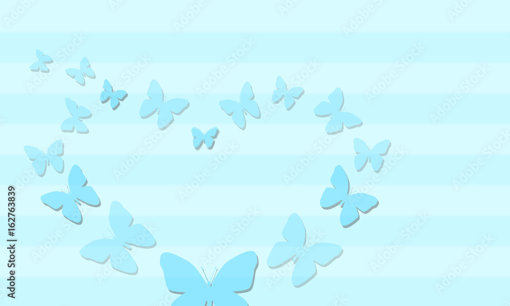 envol de papillons bleus sur fond  rayures bleues