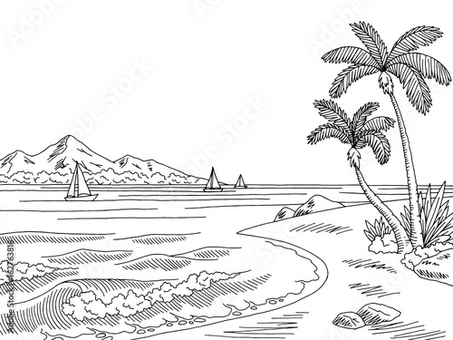 Sea bay graphic black white landscape sketch illustration vector