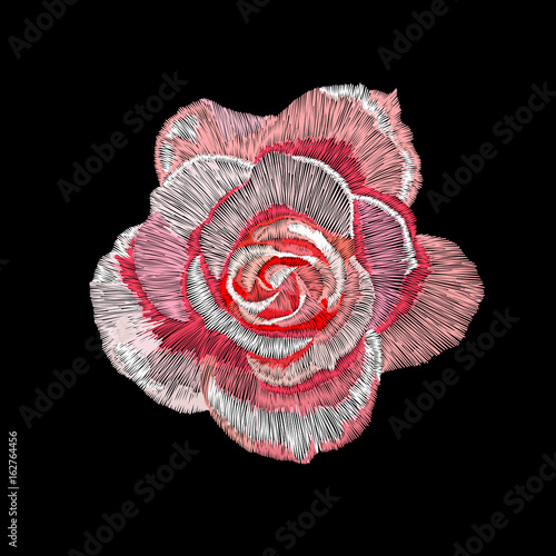 Pink rose with green leaves embroidery illustration on a black background. Vector.