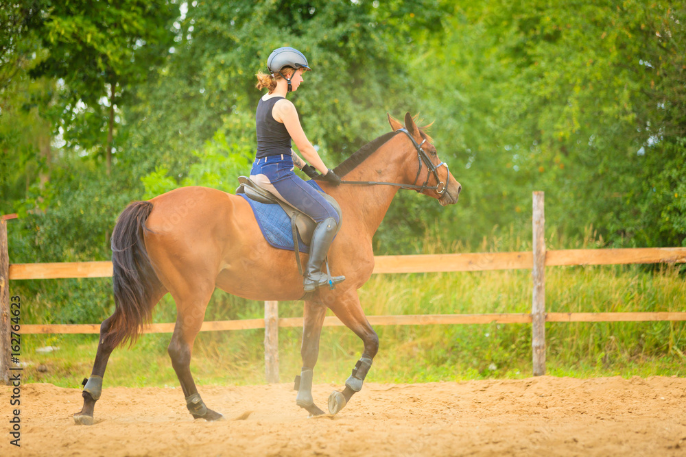 Jockey girl doing horse riding on countryside meadow Jockey girl doing horse riding on countryside meadow