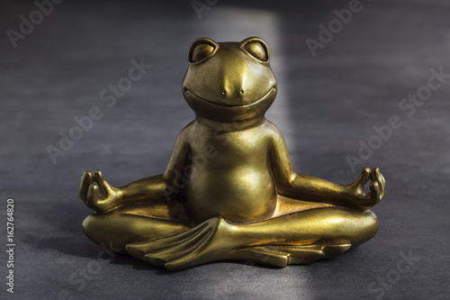 Smiling gold yoga frog meditating in lotus pose. Peace of mind, body and soul, balance and harmony concept.  © Iuliia