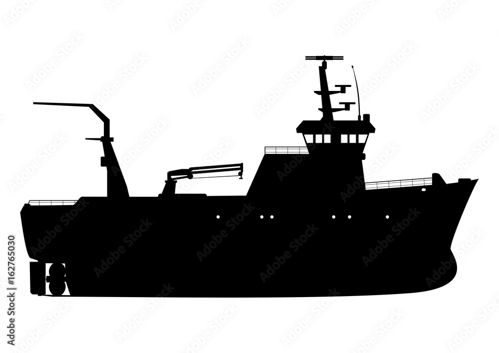 Silhouette of a fishing trawler. Side view. Flat vector. Silhouette of a fishing trawler. Side view. Flat vector.