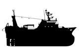 Silhouette of a fishing trawler. Side view. Flat vector.