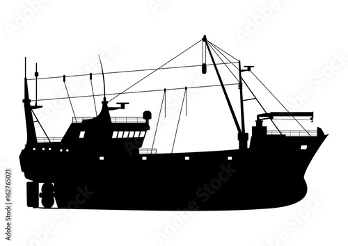 Silhouette of a fishing trawler. Side view. Flat vector.