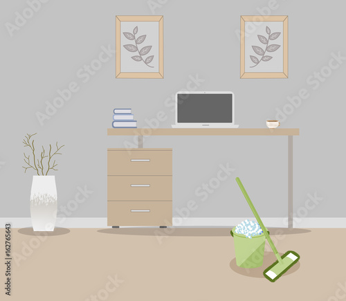 Office in loft style on a gray background. Vector illustration Table with drawers,decorative branches in a beautiful vase floor, cute paintings.Cup with coffee,laptop, books. MOP and bucket,soapy foam