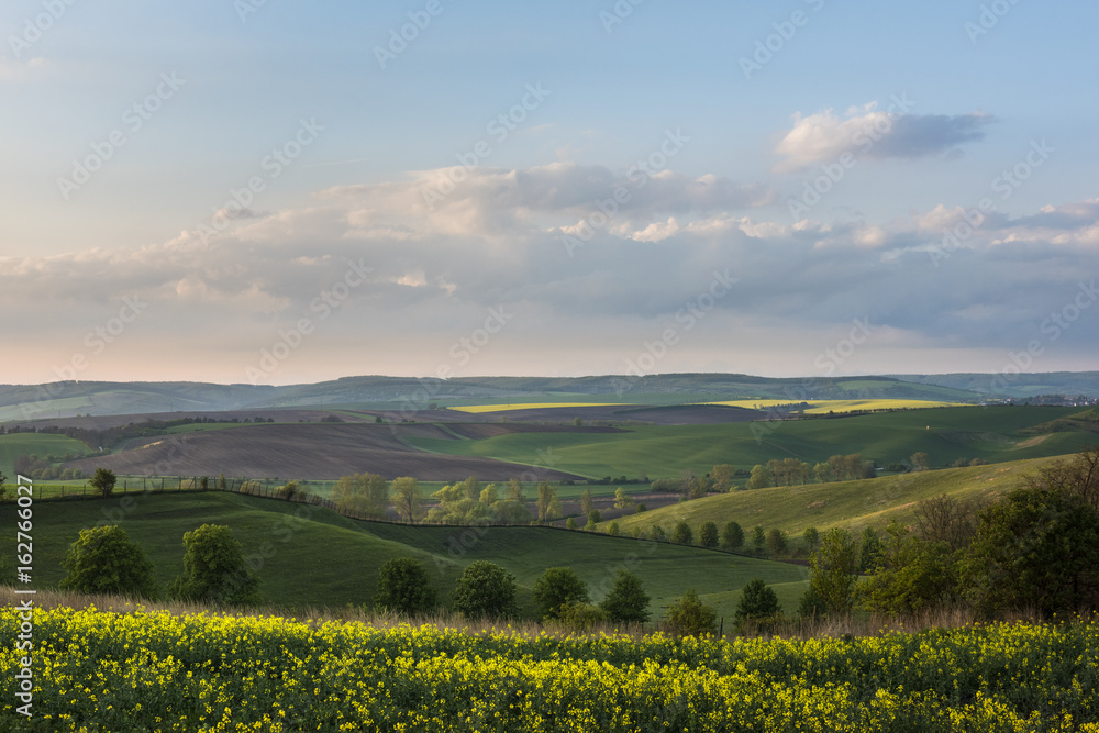 South Moravia landscape and farmland during sunset