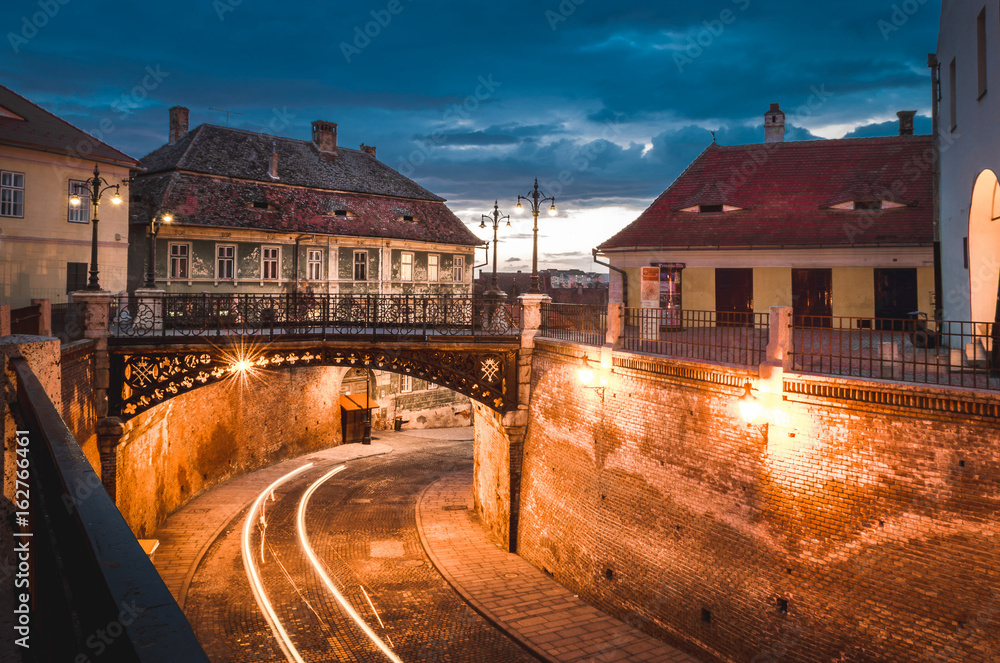 The Bridge of Lies at twilight in Sibiu, Romania on March 2016