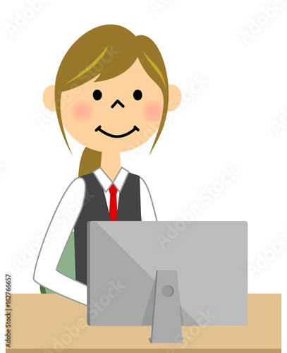 制服姿の女性　PC