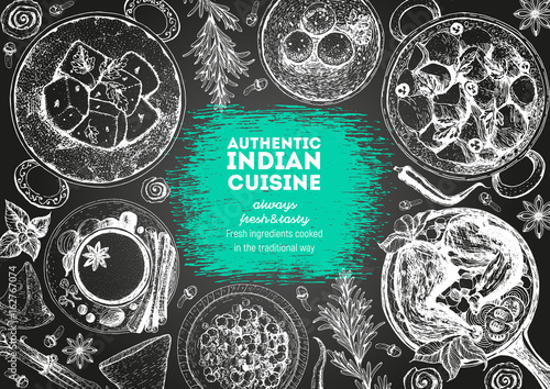 Indian cuisine top view frame. Indian food menu design. Vintage hand drawn sketch vector illustration.