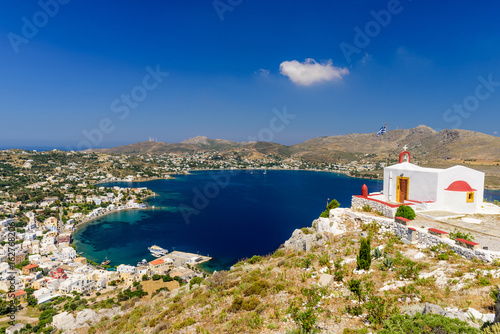 The picturesque coastline of Agia Marina village, Leros island, Dodecanese, Greece