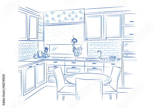 Hand drawn kitchen interior sketch design. Vector illustration