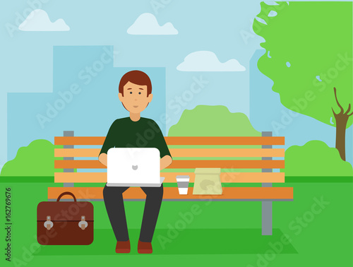 Businessman enjoying work outside on the computer in the green park. Work anywhere you like concept illustration vector.