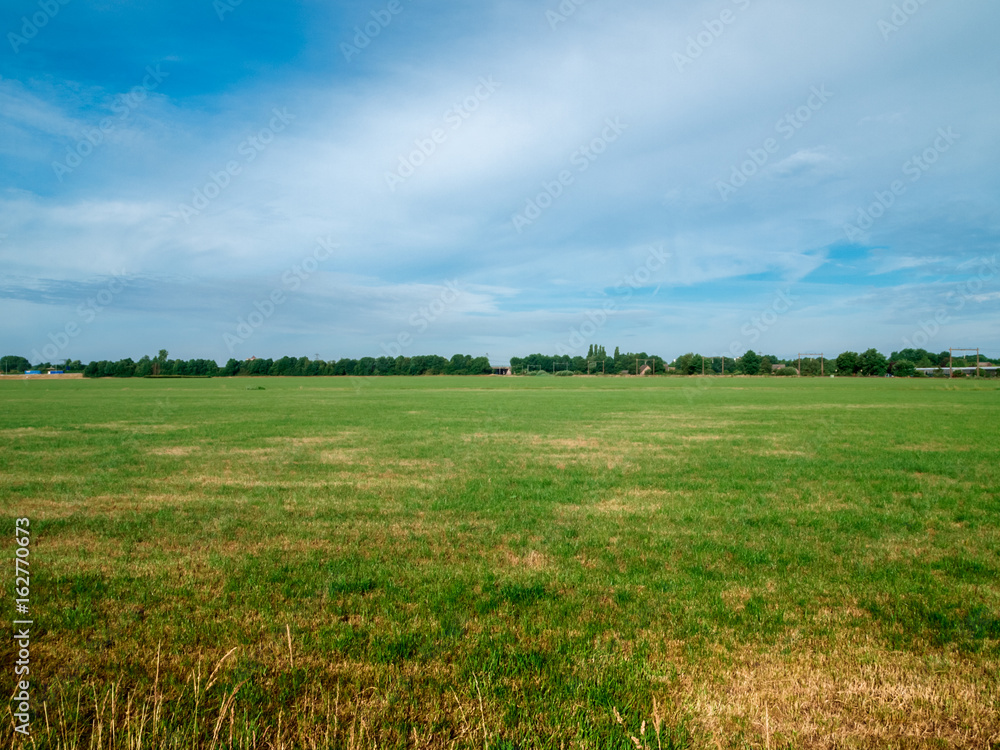 Flat Dutch landscape with green grass and far sight.