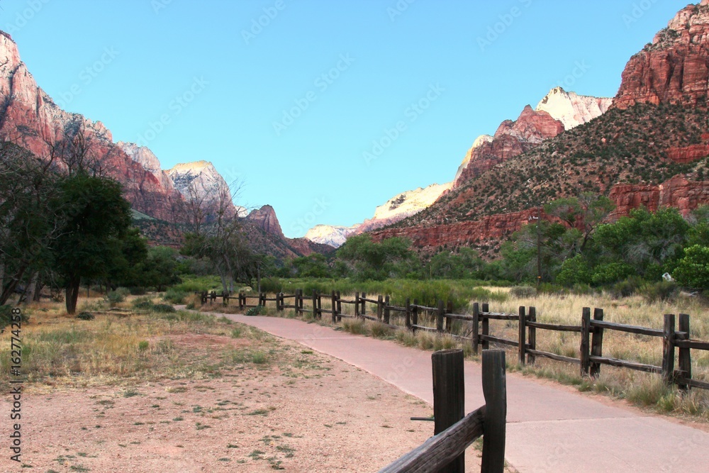 Zion National Park with mountains and Virgin river