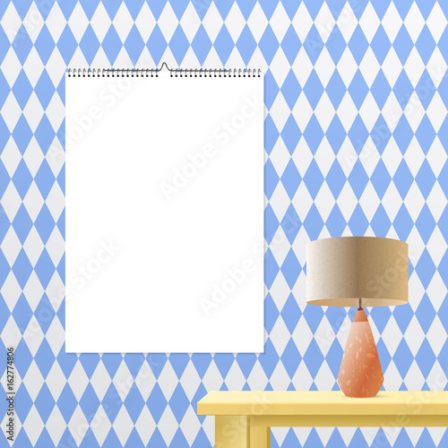 Calendar binder mockup vertical on transparent background. Spiral bound vector calendar template for your advertising design. Bavarian blue geometric interior design