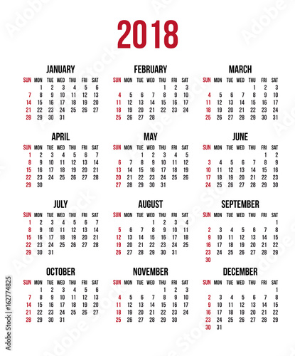 Calendar 2018 year. Week starts Sunday, US. Vector clear or blank calendar template for office and print