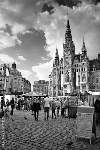 Liberec, Czech republic - Juny 10, 2017: historical building of the Town Hall Liberec on Dr. Benes square with people during fair at beginning of summer