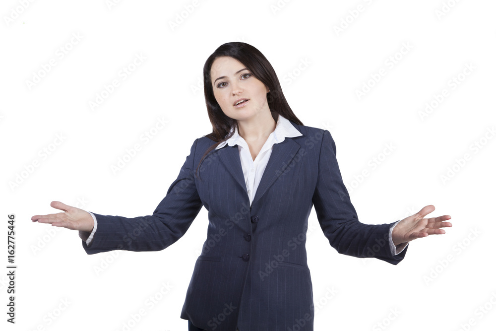 Beautiful woman holding a presentation. Gestures with his hands. Standing in a studio on a white background Beautiful woman holding a presentation. Gestures with his hands. Standing in a studio on a white background