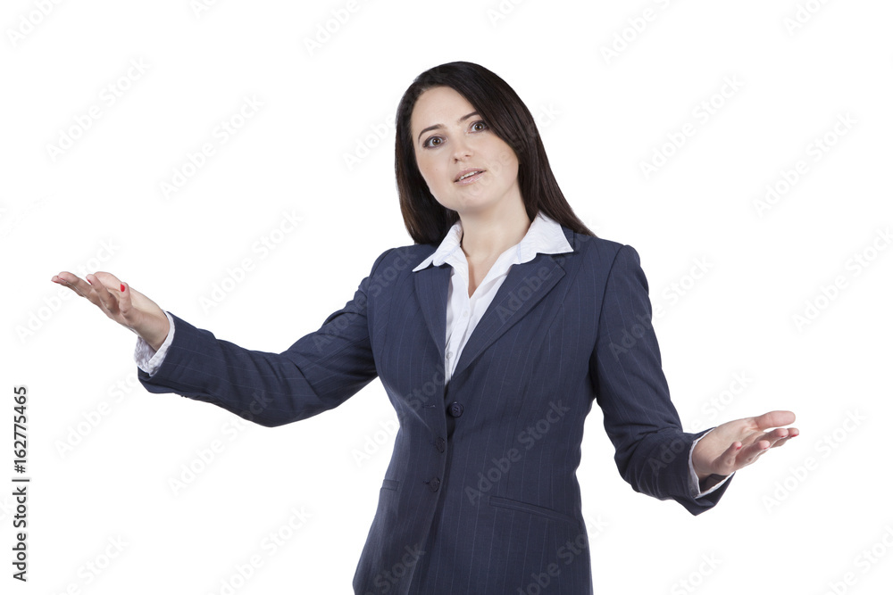 Woman journalist talking at camera. Serious young specialist. Gesturing with hands. Isolated on white background Woman journalist talking at camera. Serious young specialist. Gesturing with hands. Isolated on white background