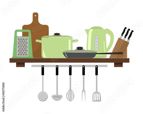 Kitchen utensils on a shelf. There is a pan, a frying pan, a kettle, a grater, a set of knives and other objects in the picture. Vector illustration