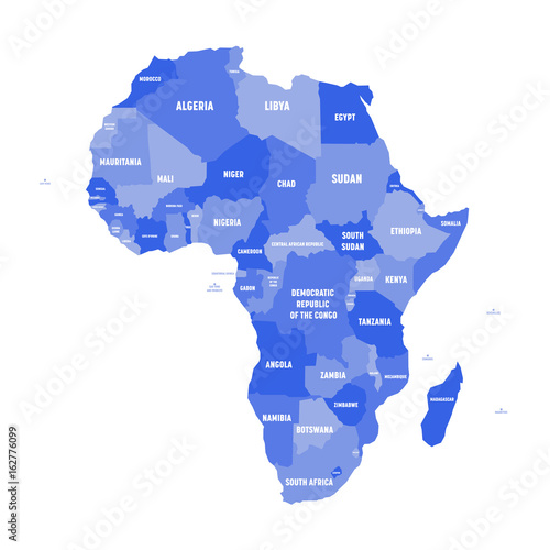 Political map of Africa in four shades of green with white country name labels on white background. Vector illustration.