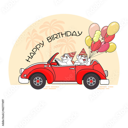 Happy birthday greeting card with  two bears in car. Vector.