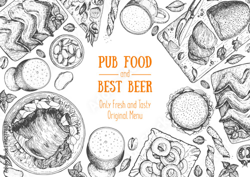 Pub food frame vector illustration. Beer, meat, fast food and snacks hand drawn. Food set for pub design top view. Vintage engraved illustration for beer restaurant for beer restaurant.