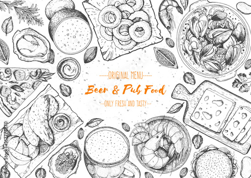 Pub food frame vector illustration. Beer, meat, fast food and snacks hand drawn. Food set for pub design top view. Vintage engraved illustration for beer restaurant for beer restaurant.