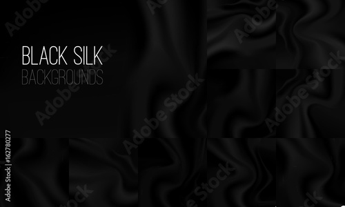 Black textile drapery horizontal backgrounds with copyspace or place for text. Silk banners for advertising design