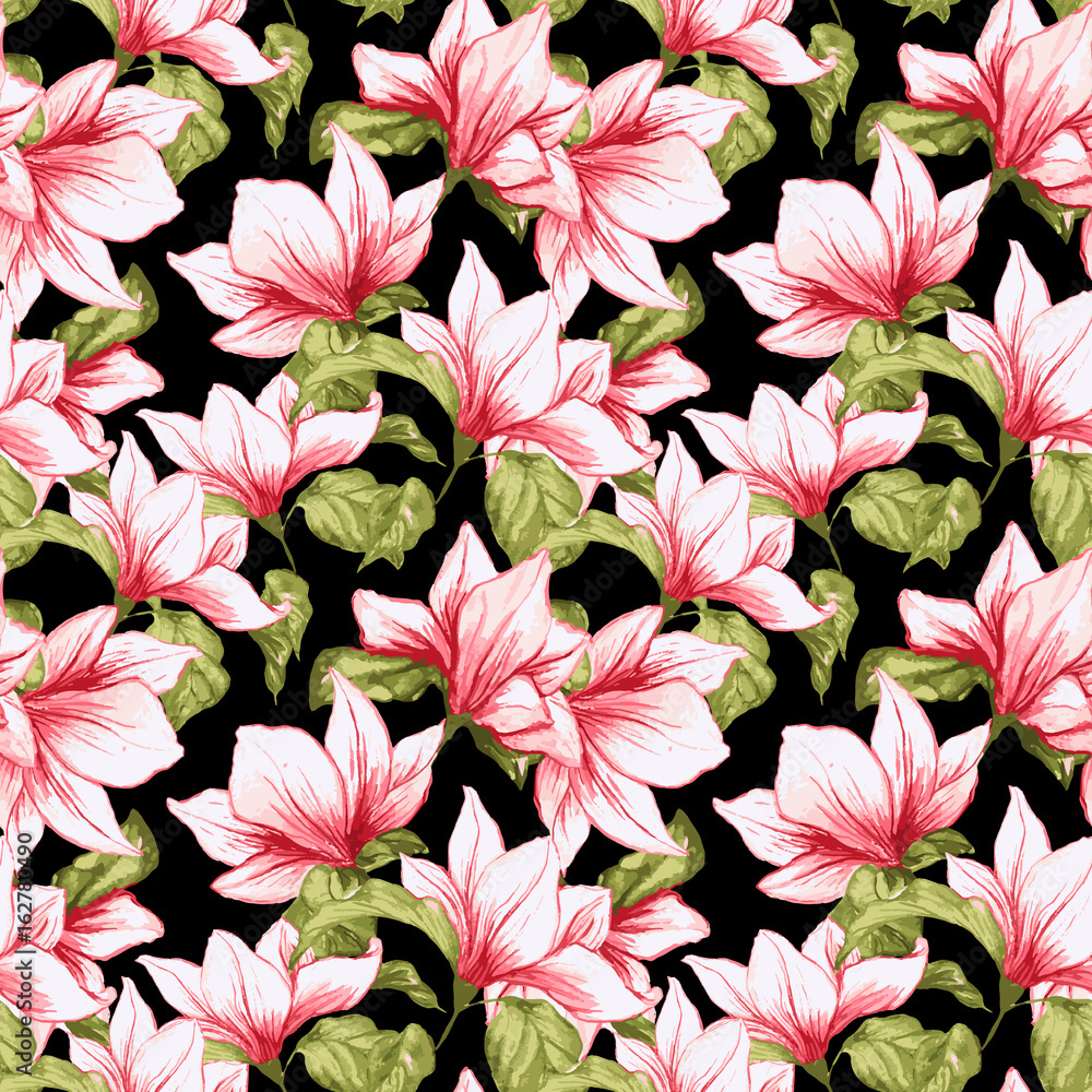 Seamless pattern with magnolia flowers on the black background. Fresh summer tropical blossoming pink flowers for fabric textile design. Vector illustration