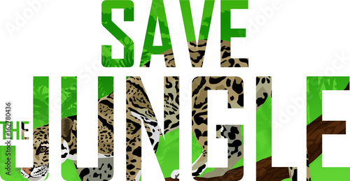 Vector tropical rainforest illustration with clouded leopard (Save the jungle)