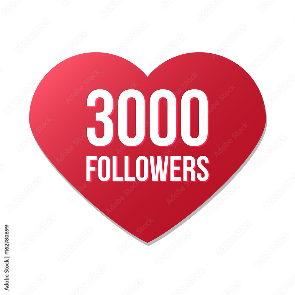 3000 followers red heart logo on white background, gratitude for following and support, happy for reaching three thousand friends. Vector illustration